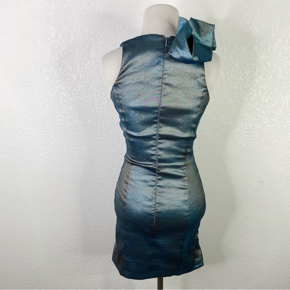 Vintage Cache Turquoise Blue Metallic Ruched Mini Dress - Picture 7 of 7